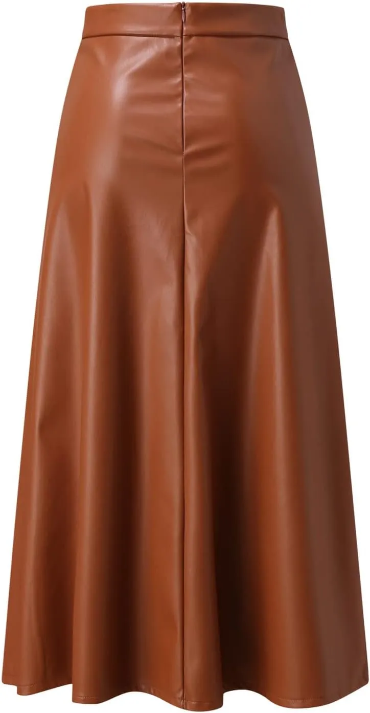 Faux Leather A Line Womens High Waist Skirts Pleather Midi Long Skirt Solid Color Skirt Summer Skirts for Women