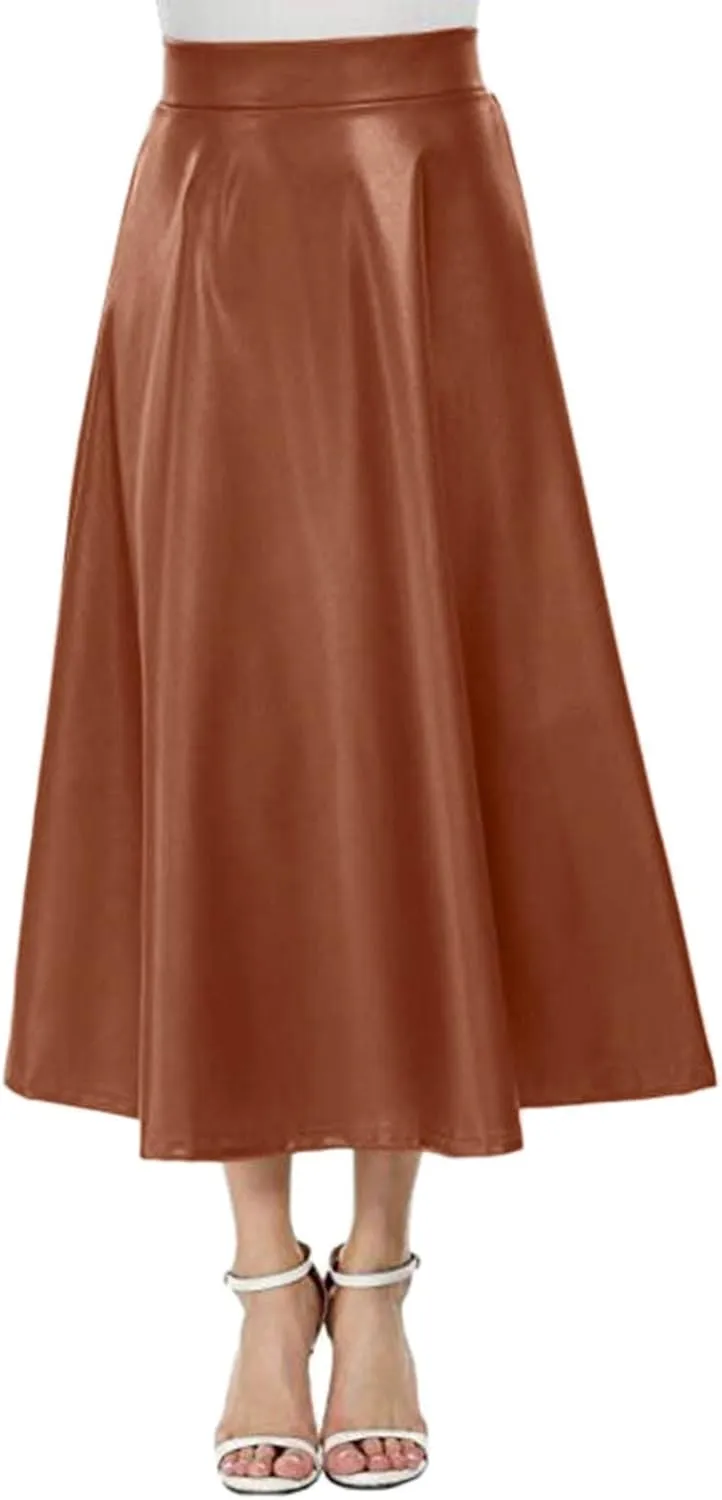 Faux Leather A Line Womens High Waist Skirts Pleather Midi Long Skirt Solid Color Skirt Summer Skirts for Women