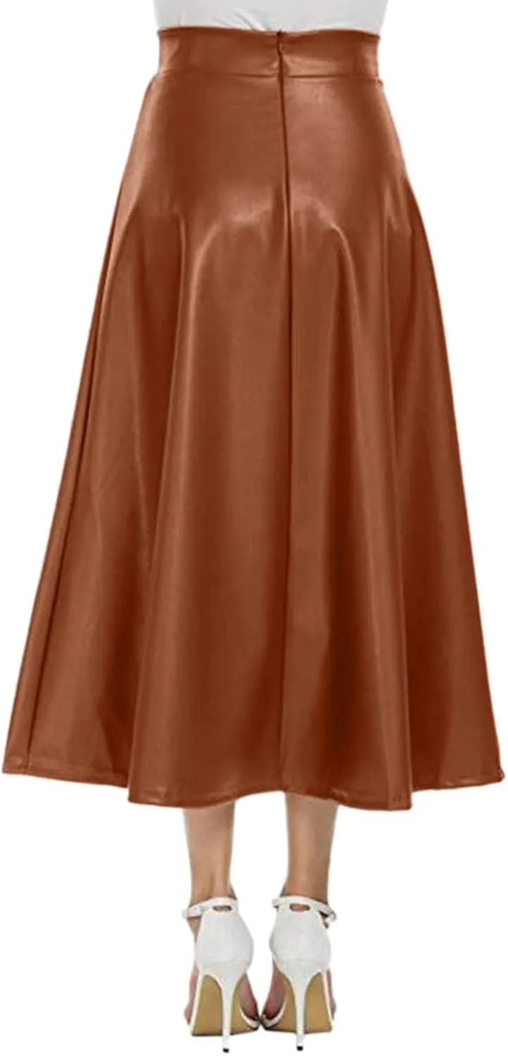Faux Leather A Line Womens High Waist Skirts Pleather Midi Long Skirt Solid Color Skirt Summer Skirts for Women