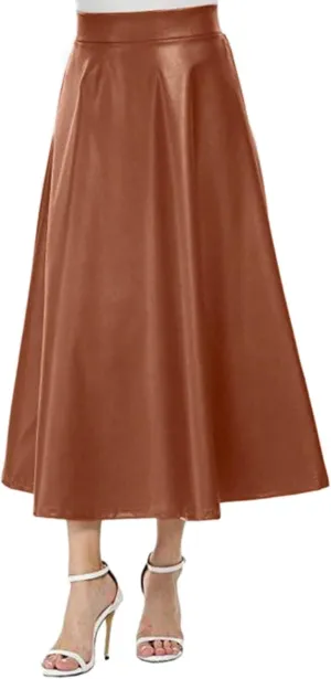 Faux Leather A Line Womens High Waist Skirts Pleather Midi Long Skirt Solid Color Skirt Summer Skirts for Women
