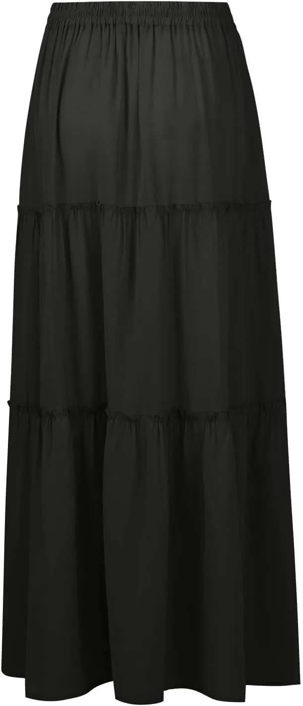 FlekmanArt Womens Summer Boho Flowy Swing Tiered A-Line Maxi Skirt 2025 Fashion Trendy Elastic Waist Pleated Long Beach Dress