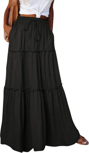 FlekmanArt Womens Summer Boho Flowy Swing Tiered A-Line Maxi Skirt 2025 Fashion Trendy Elastic Waist Pleated Long Beach Dress