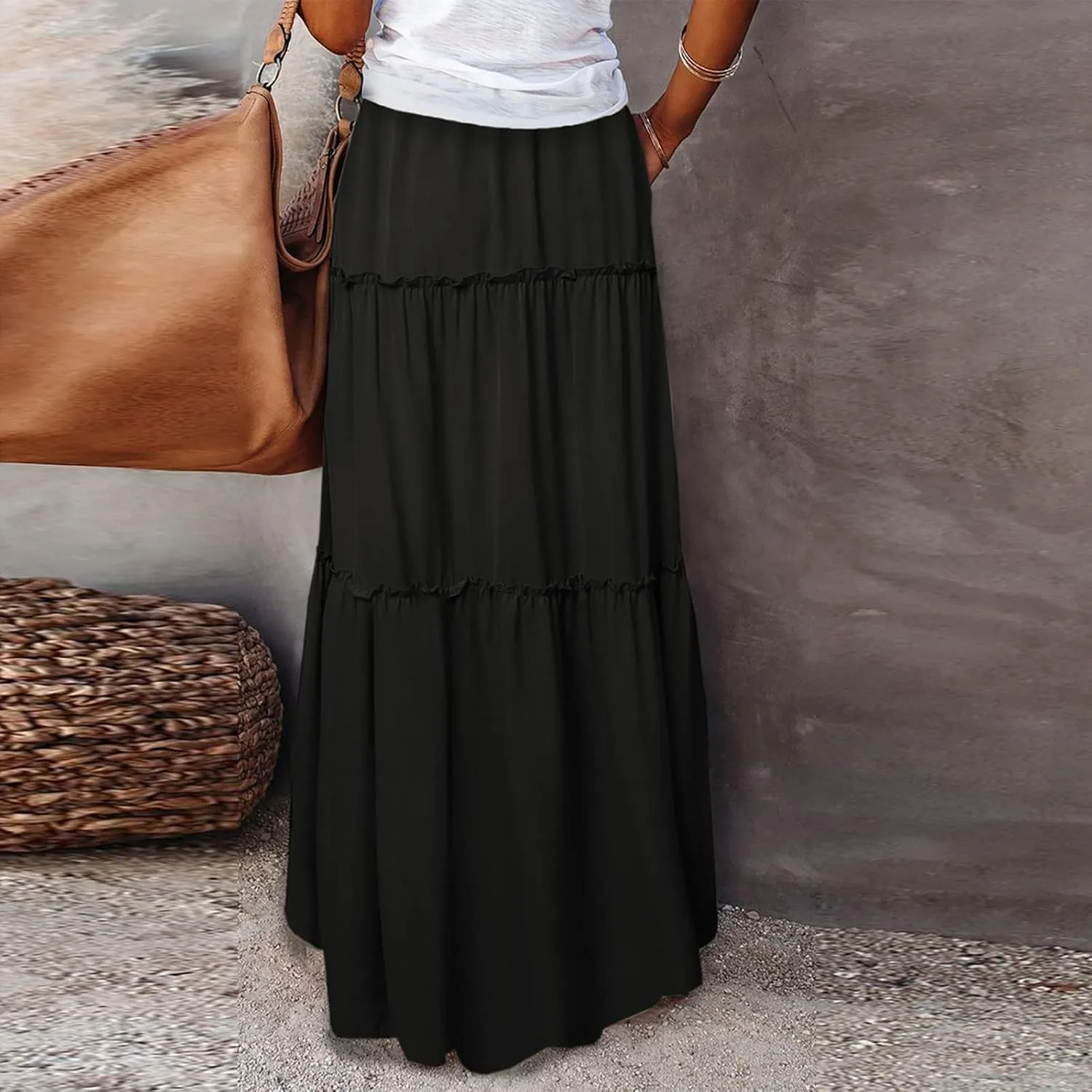 FlekmanArt Womens Summer Boho Flowy Swing Tiered A-Line Maxi Skirt 2025 Fashion Trendy Elastic Waist Pleated Long Beach Dress