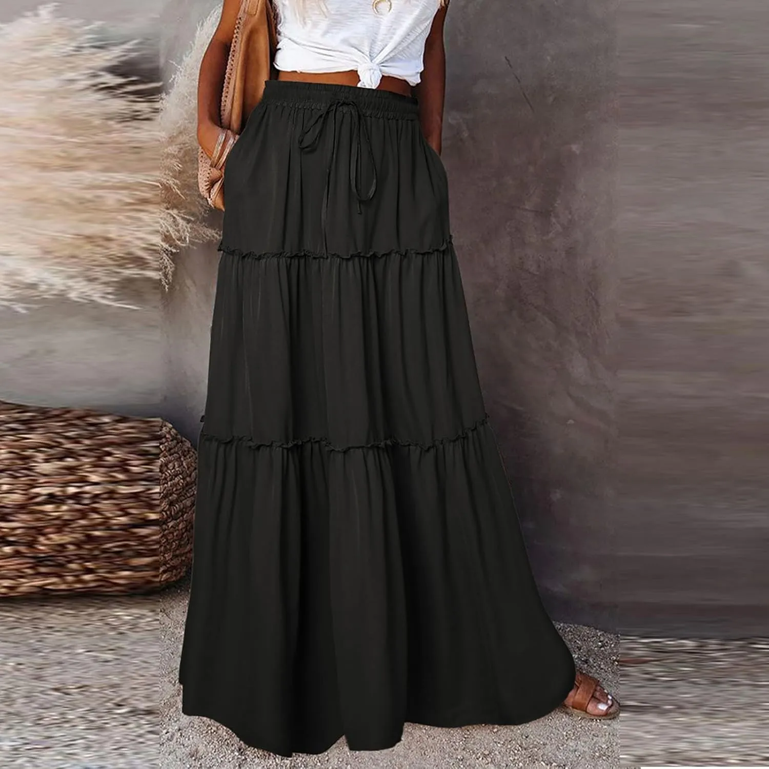 FlekmanArt Womens Summer Boho Flowy Swing Tiered A-Line Maxi Skirt 2025 Fashion Trendy Elastic Waist Pleated Long Beach Dress