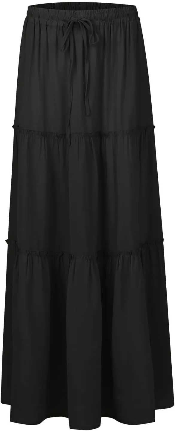 FlekmanArt Womens Summer Boho Flowy Swing Tiered A-Line Maxi Skirt 2025 Fashion Trendy Elastic Waist Pleated Long Beach Dress