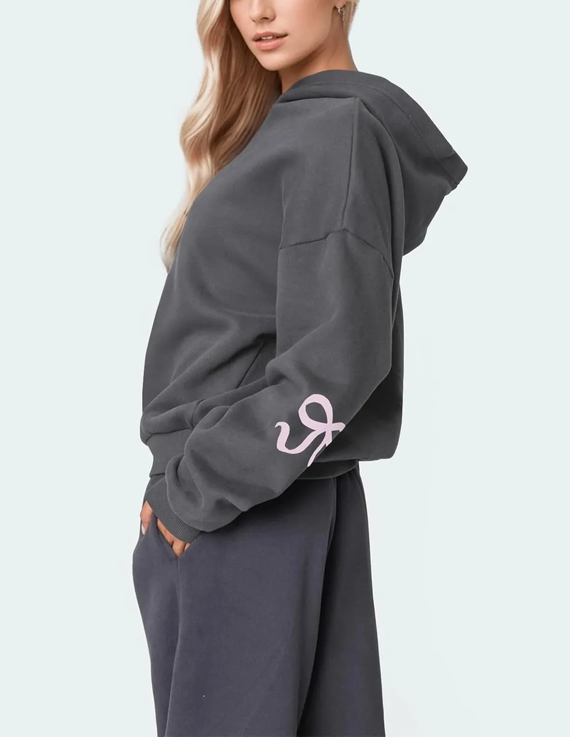 FOMOYUU Women's Bow Trim Print Hoodies Sweatshirts Oversized Long Sleeve Hooded Y2k Graphic Drop Shoulder Pullover Top