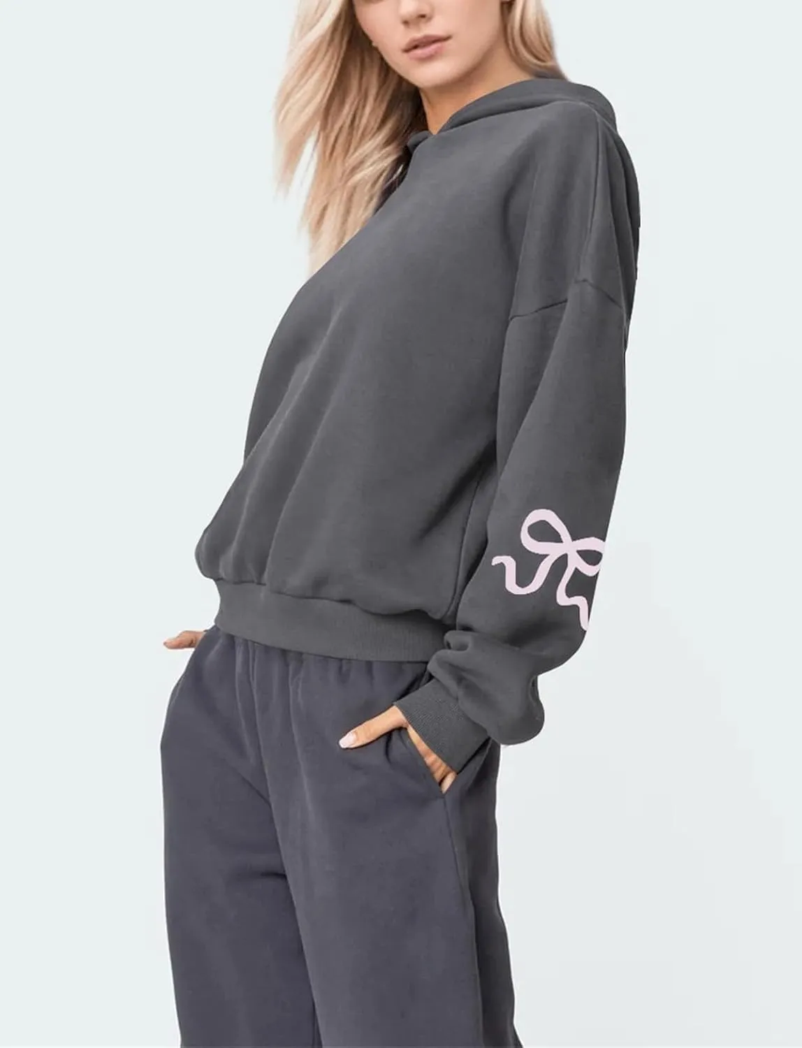 FOMOYUU Women's Bow Trim Print Hoodies Sweatshirts Oversized Long Sleeve Hooded Y2k Graphic Drop Shoulder Pullover Top