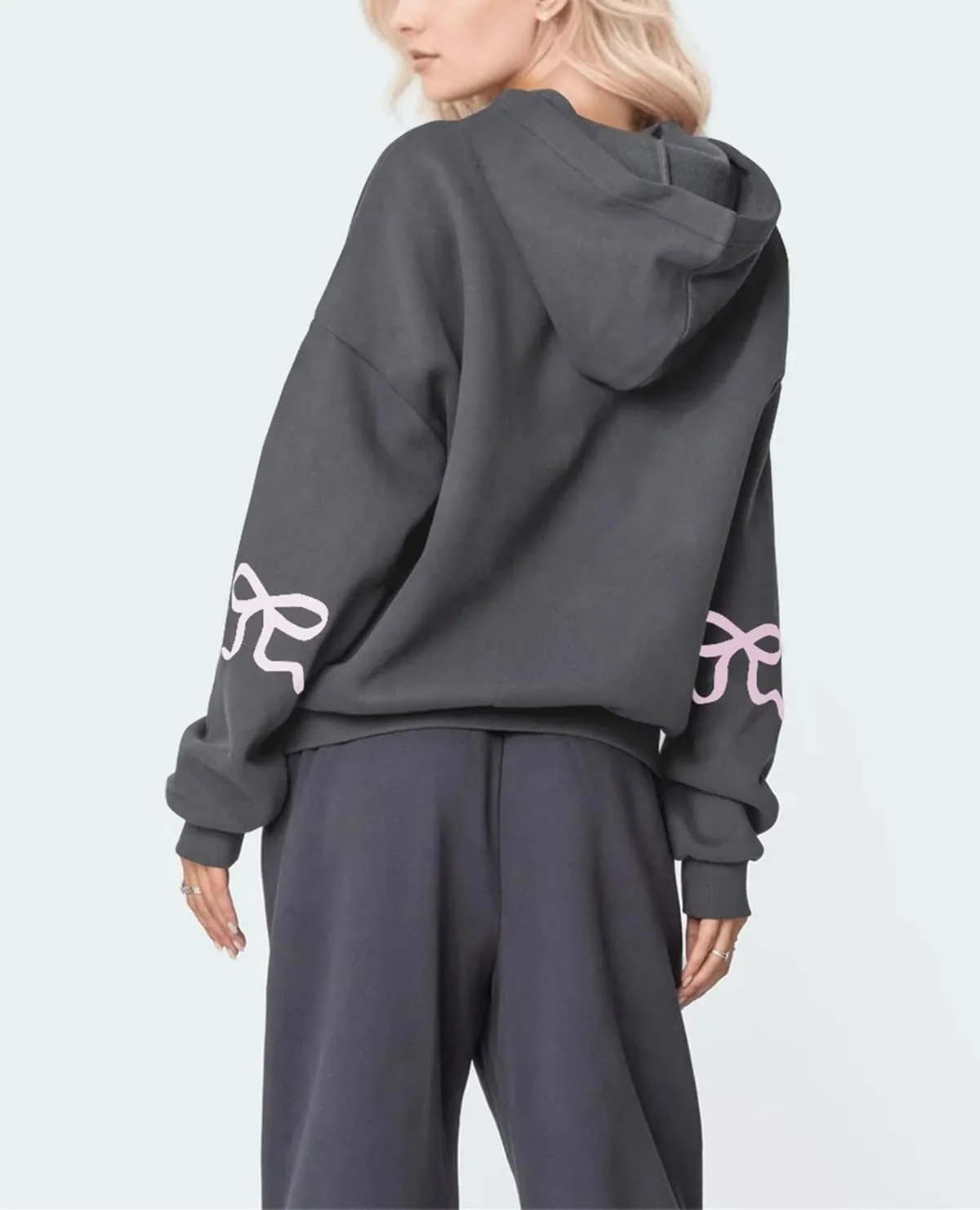 FOMOYUU Women's Bow Trim Print Hoodies Sweatshirts Oversized Long Sleeve Hooded Y2k Graphic Drop Shoulder Pullover Top