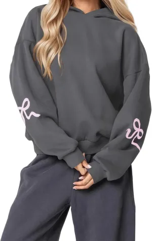 FOMOYUU Women's Bow Trim Print Hoodies Sweatshirts Oversized Long Sleeve Hooded Y2k Graphic Drop Shoulder Pullover Top