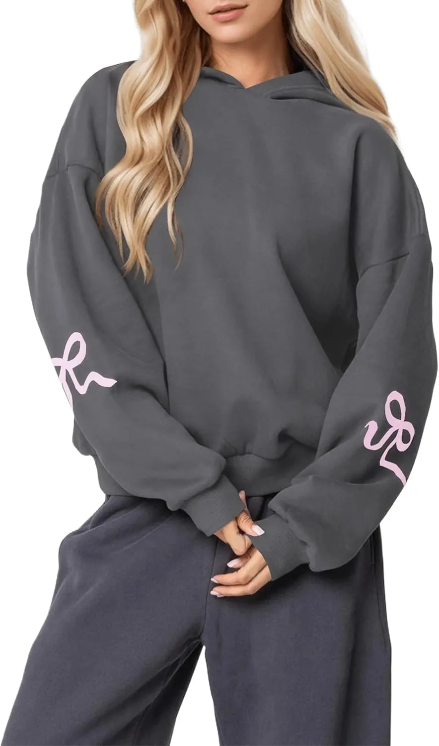FOMOYUU Women's Bow Trim Print Hoodies Sweatshirts Oversized Long Sleeve Hooded Y2k Graphic Drop Shoulder Pullover Top
