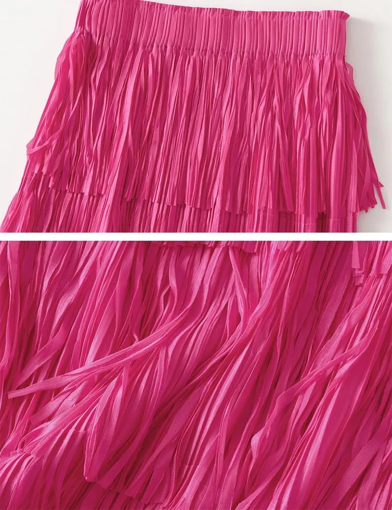 Fringe Skirts for Women Trendy High Waisted Pleated Layered Fairy Ruffle Midi Skirt