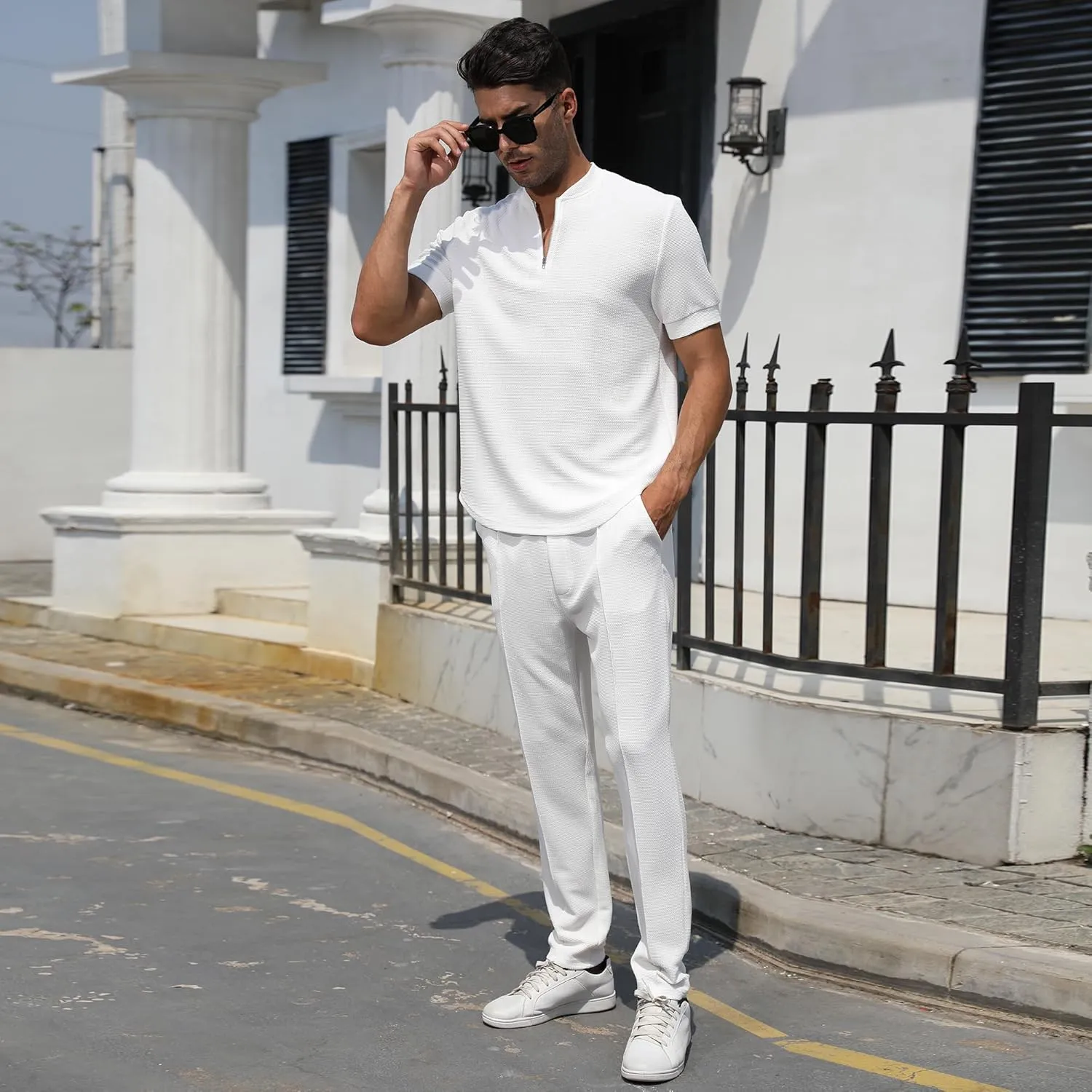 FZNHQL Fashion Men's Tracksuits 2 Piece Casual Athletic Jogging Outfits Short/Long Sleeve Track Suits for Men Set