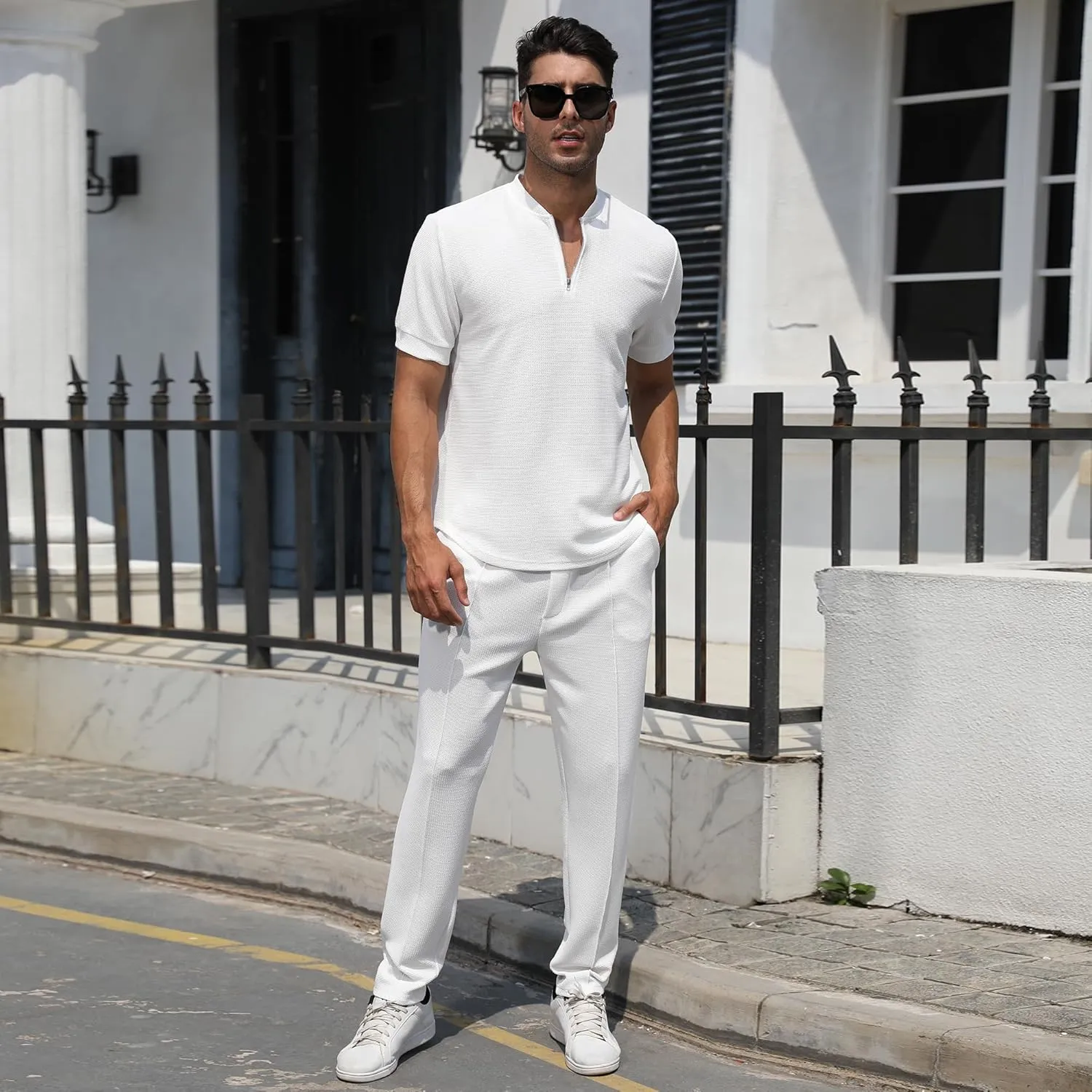 FZNHQL Fashion Men's Tracksuits 2 Piece Casual Athletic Jogging Outfits Short/Long Sleeve Track Suits for Men Set