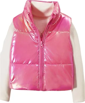 Girl's Metallic Zip Up Puffer Vest Coat Sleeveless Jacket Coat Outwear