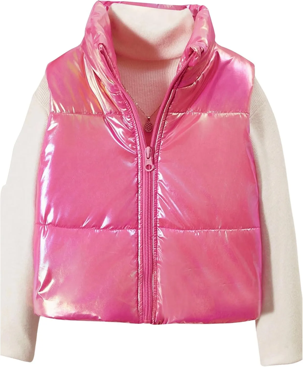 Girl's Metallic Zip Up Puffer Vest Coat Sleeveless Jacket Coat Outwear