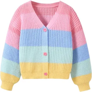Girl's Rainbow Colorblock Button Down Sweater Drop Shoulder Long Sleeve Fall Knitted Cute Cardigan