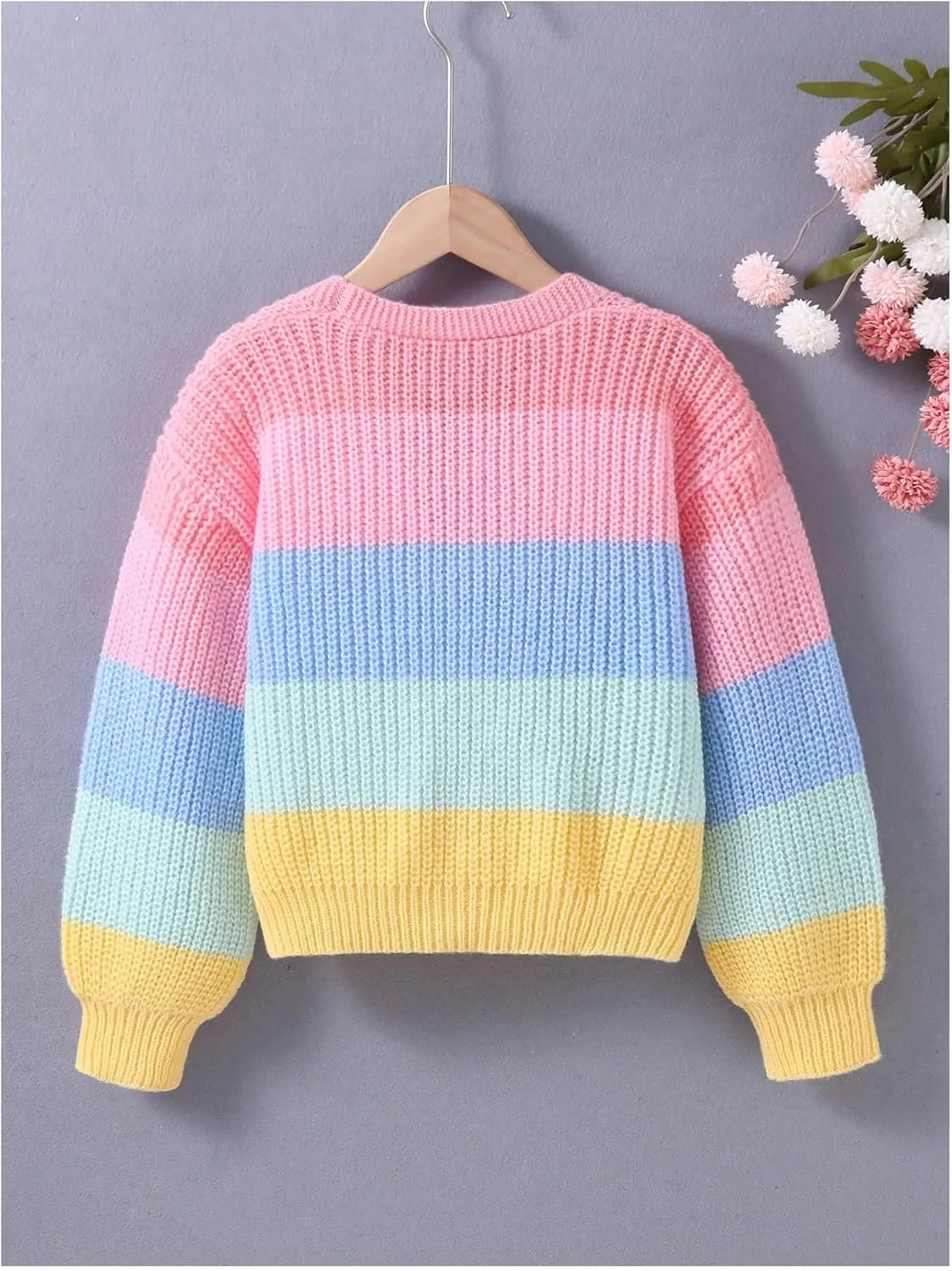 Girl's Rainbow Colorblock Button Down Sweater Drop Shoulder Long Sleeve Fall Knitted Cute Cardigan