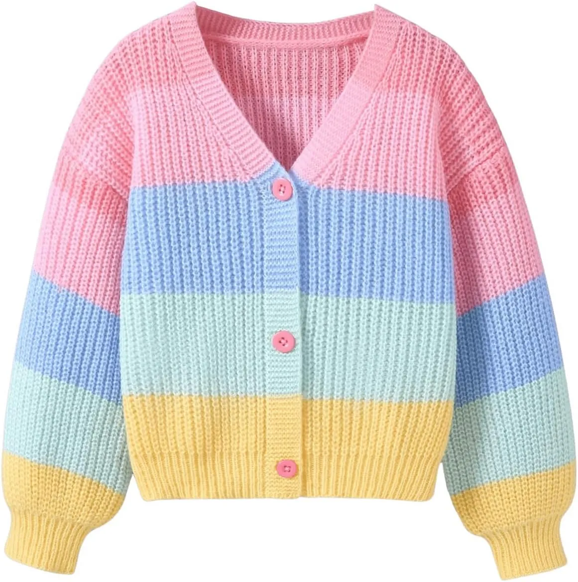 Girl's Rainbow Colorblock Button Down Sweater Drop Shoulder Long Sleeve Fall Knitted Cute Cardigan