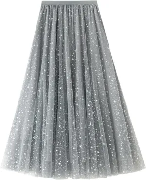 Glitter Skirts for Women Trendy High Waisted A Line Fluffy Fairy Layered Tulle Midi Skirt