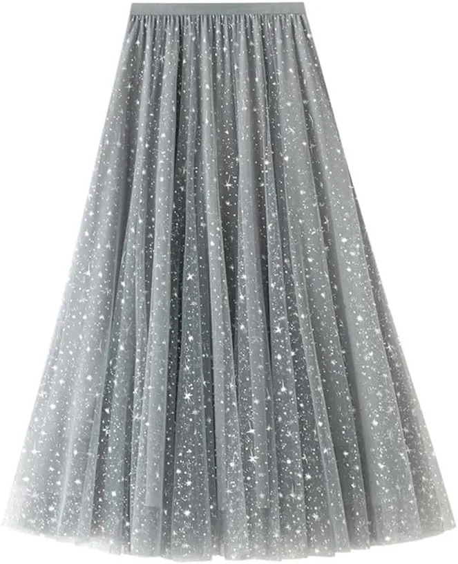 Glitter Skirts for Women Trendy High Waisted A Line Fluffy Fairy Layered Tulle Midi Skirt