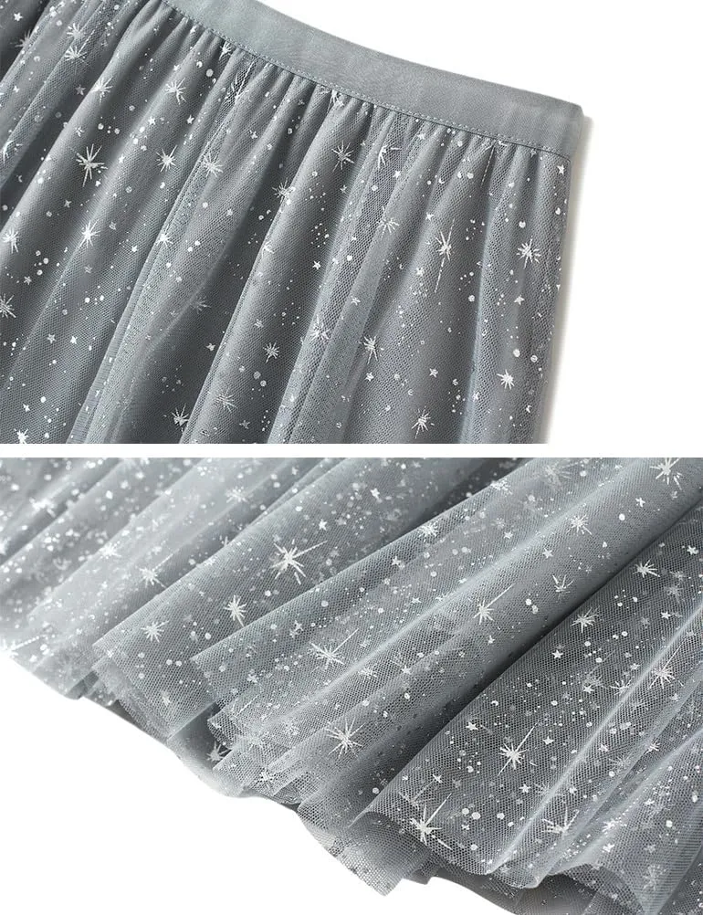 Glitter Skirts for Women Trendy High Waisted A Line Fluffy Fairy Layered Tulle Midi Skirt