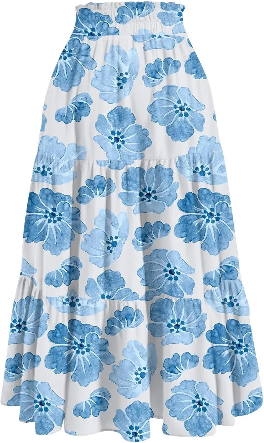 GOFULY Maxi Skirts for Women Flowy Summer Floral Print A-Line Long Skirt Drawstring Elastic High Waist Pleated Tiered Skirts