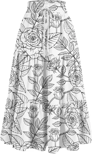 GOFULY Womens Maxi Skirts Long Summer Drawstring Elastic High Waist Cute Skirts A Line Floral Print Pleated Tiered Soft Skirt