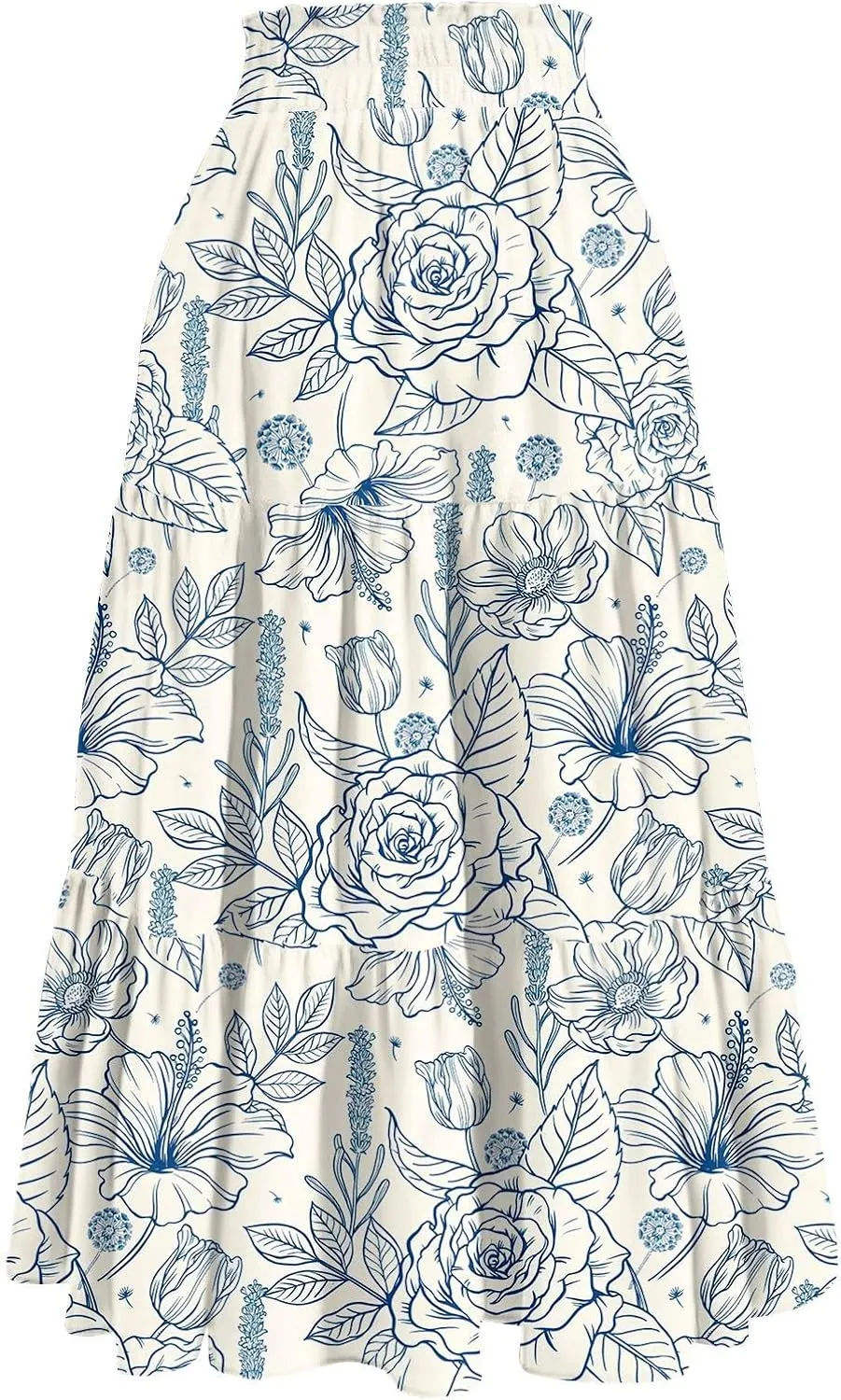 GOFULY Womens Maxi Skirts Long Summer Drawstring Elastic High Waist Cute Skirts A Line Floral Print Pleated Tiered Soft Skirt