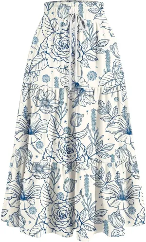 GOFULY Womens Maxi Skirts Long Summer Drawstring Elastic High Waist Cute Skirts A Line Floral Print Pleated Tiered Soft Skirt