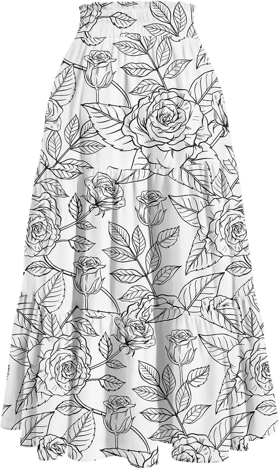 GOFULY Womens Maxi Skirts Long Summer Drawstring Elastic High Waist Cute Skirts A Line Floral Print Pleated Tiered Soft Skirt