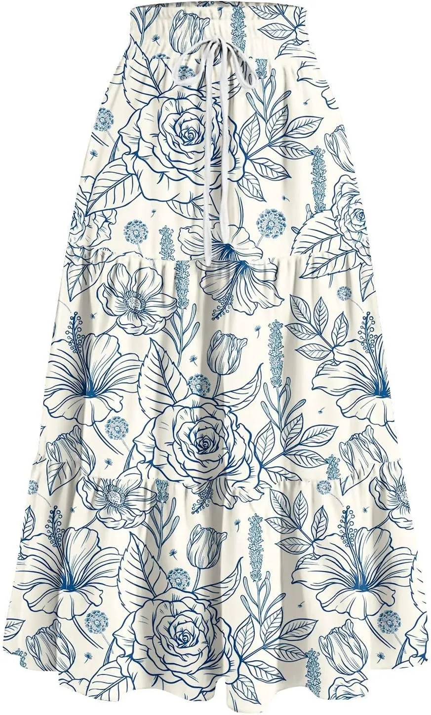 GOFULY Womens Maxi Skirts Long Summer Drawstring Elastic High Waist Cute Skirts A Line Floral Print Pleated Tiered Soft Skirt