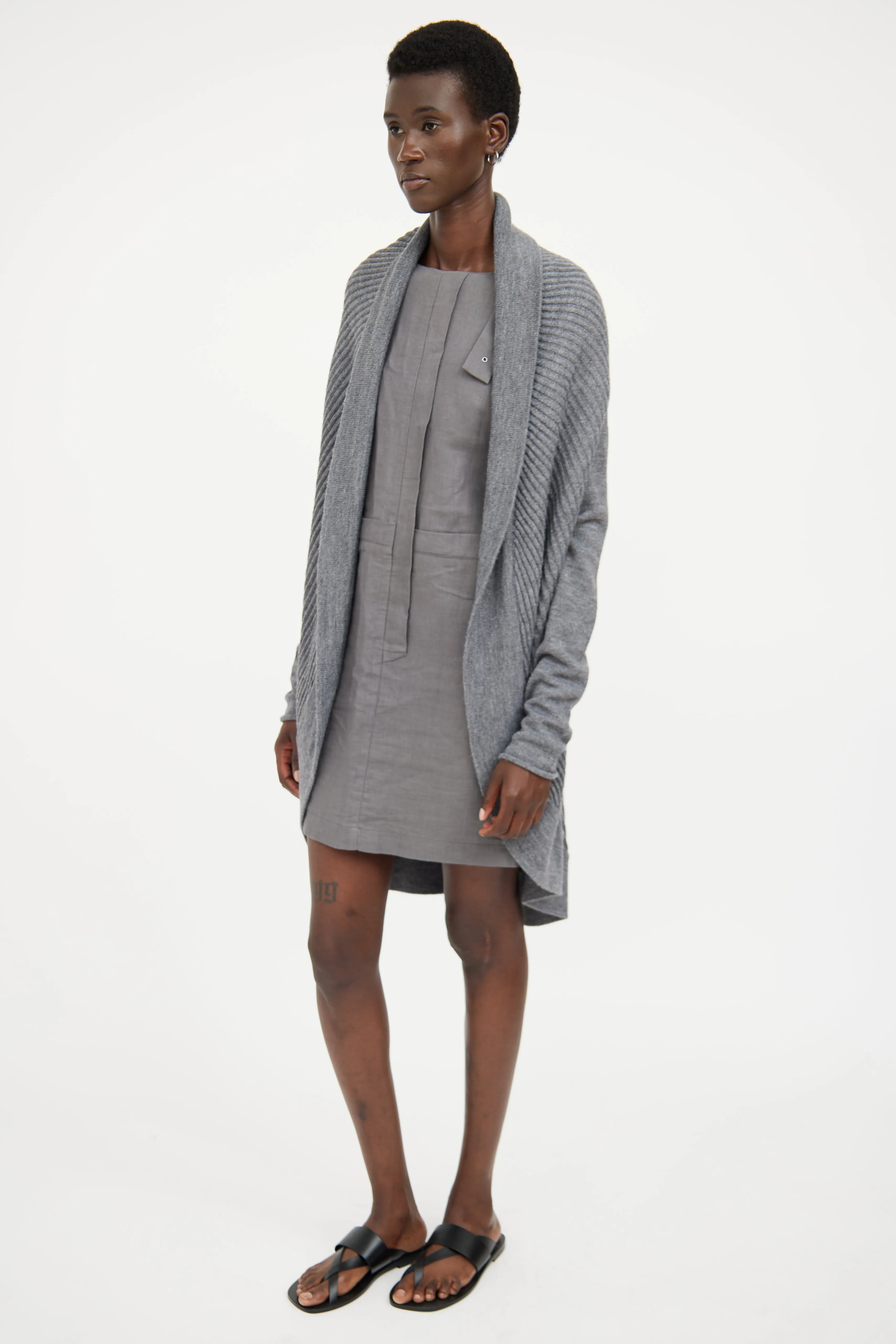 Grey Ribbed Knit Cardigan