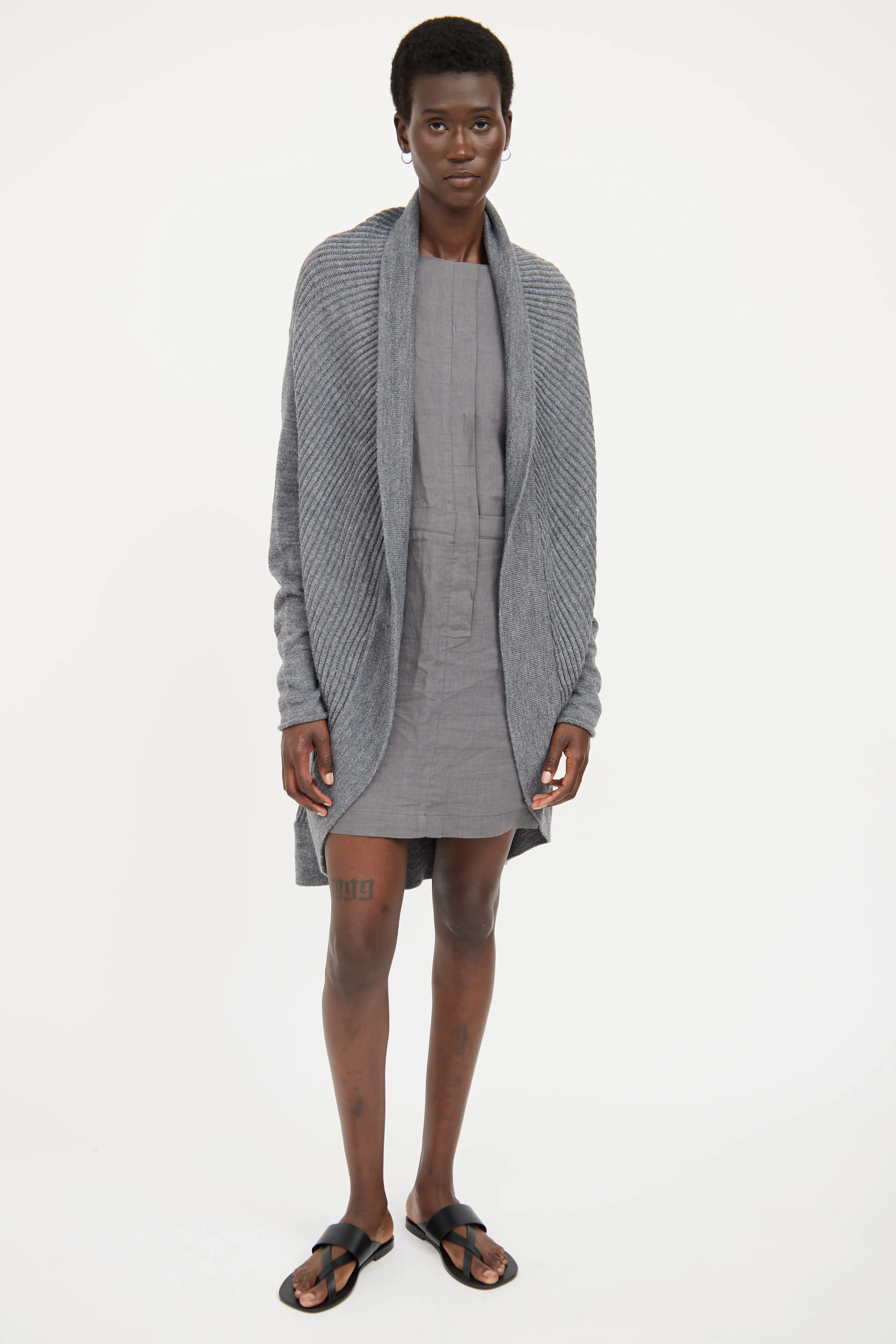 Grey Ribbed Knit Cardigan