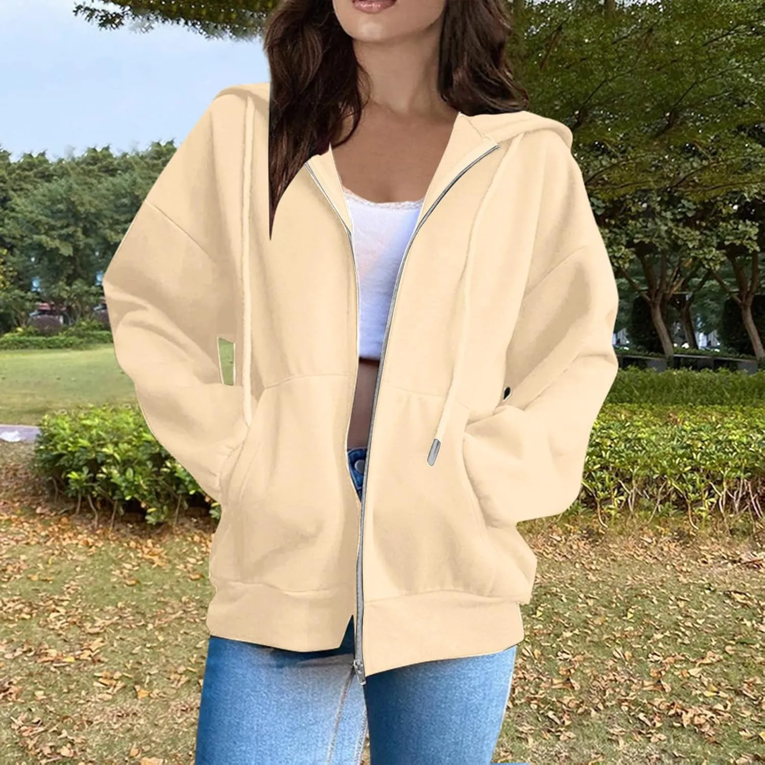 Hoodies for Women Casual Full Zip Up Plush Hoodie Loose Solid Sweatshirt Long Sleeve Jacket with Pockets