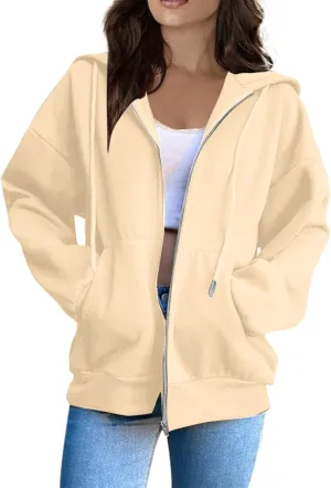 Hoodies for Women Casual Full Zip Up Plush Hoodie Loose Solid Sweatshirt Long Sleeve Jacket with Pockets
