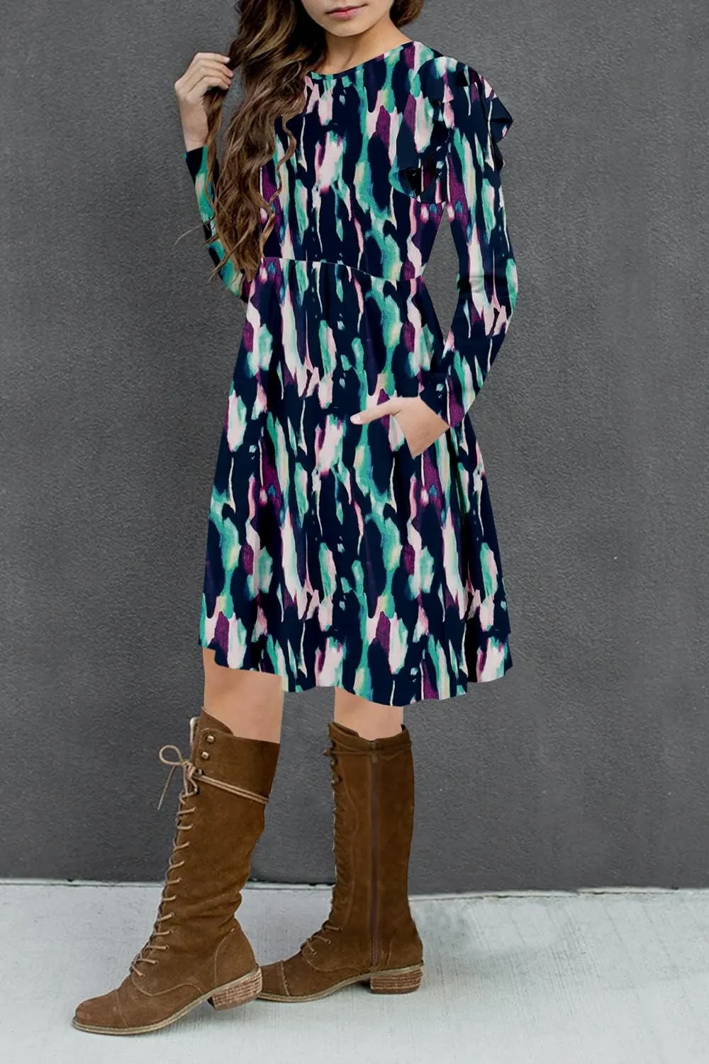 HOSIKA Girls Floral Dress Boho Ruffle Sleeve Pleated Casual Swing Dresses with Pockets for Kids 6-12 Years