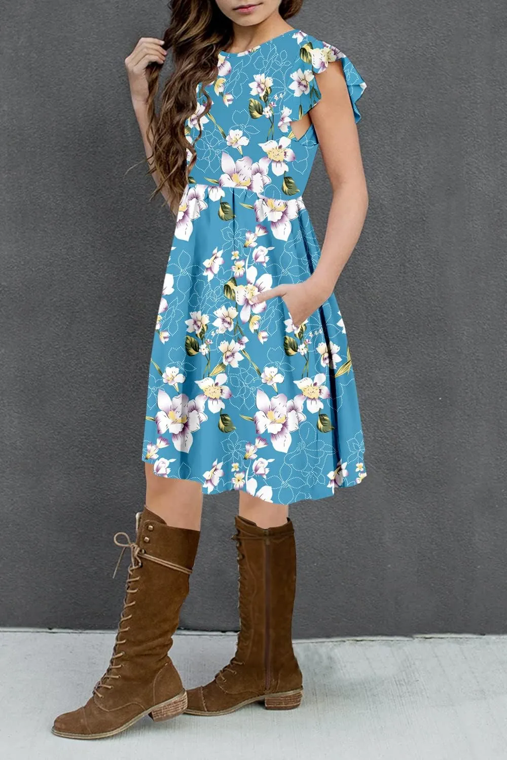 HOSIKA Girls Floral Dress Boho Ruffle Sleeve Pleated Casual Swing Dresses with Pockets for Kids 6-12 Years