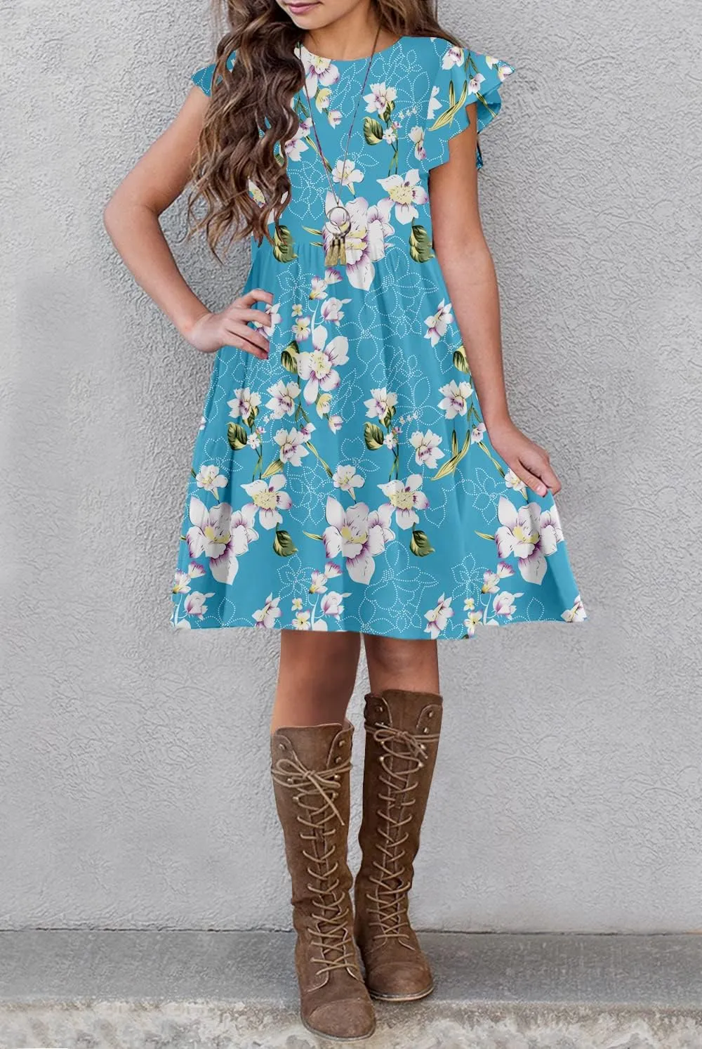 HOSIKA Girls Floral Dress Boho Ruffle Sleeve Pleated Casual Swing Dresses with Pockets for Kids 6-12 Years
