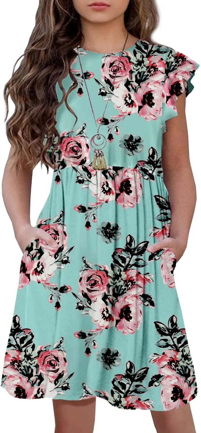 HOSIKA Girls Floral Dress Boho Ruffle Sleeve Pleated Casual Swing Dresses with Pockets for Kids 6-12 Years