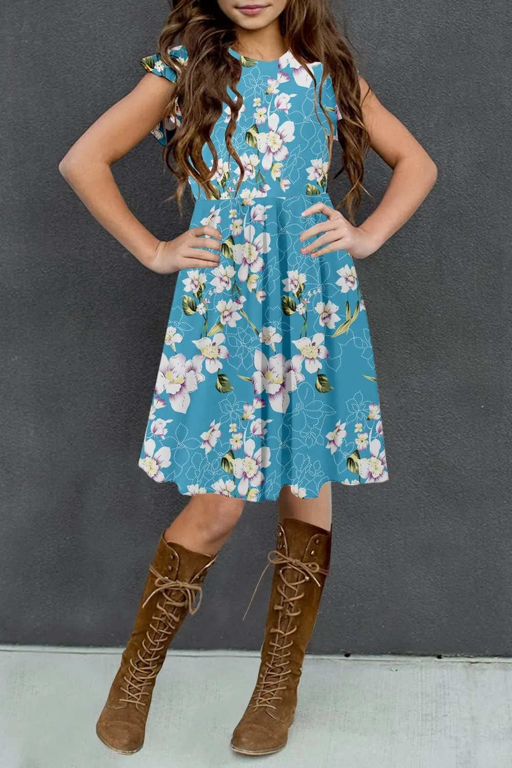 HOSIKA Girls Floral Dress Boho Ruffle Sleeve Pleated Casual Swing Dresses with Pockets for Kids 6-12 Years