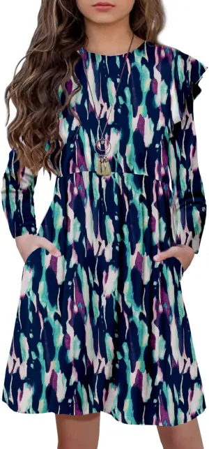 HOSIKA Girls Floral Dress Boho Ruffle Sleeve Pleated Casual Swing Dresses with Pockets for Kids 6-12 Years