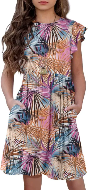 HOSIKA Girls Floral Dress Boho Ruffle Sleeve Pleated Casual Swing Dresses with Pockets for Kids 6-12 Years