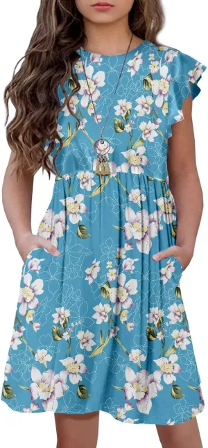 HOSIKA Girls Floral Dress Boho Ruffle Sleeve Pleated Casual Swing Dresses with Pockets for Kids 6-12 Years