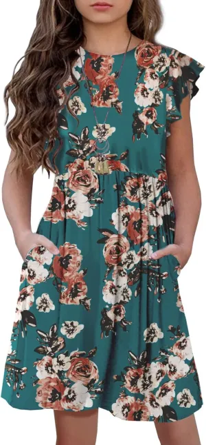HOSIKA Girls Floral Dress Boho Ruffle Sleeve Pleated Casual Swing Dresses with Pockets for Kids 6-12 Years