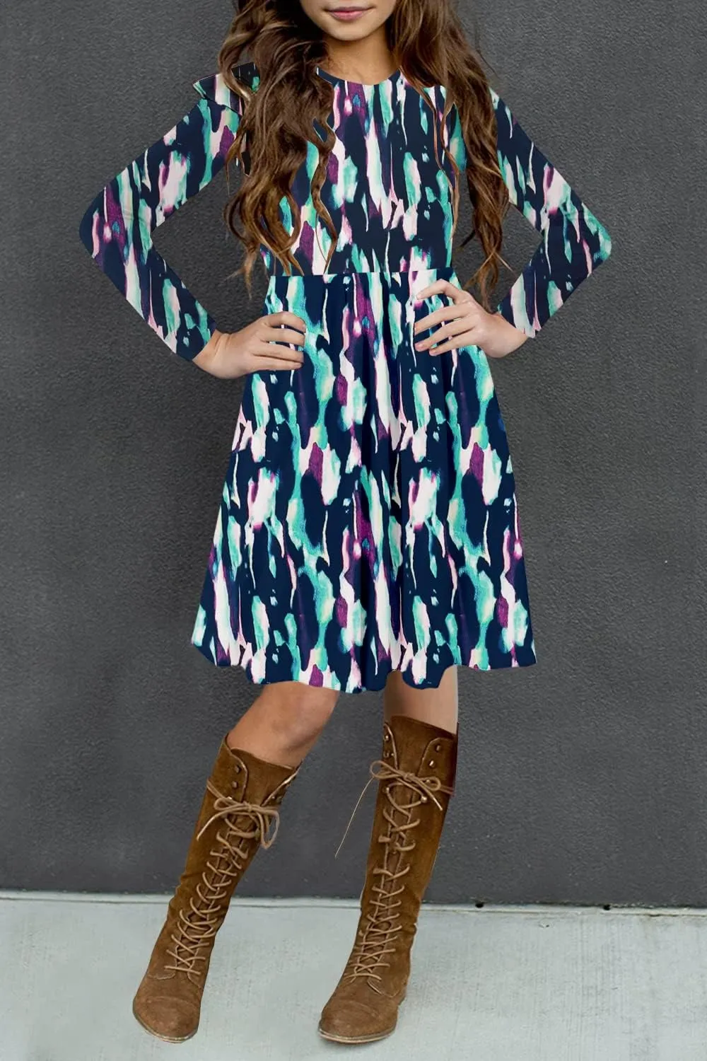 HOSIKA Girls Floral Dress Boho Ruffle Sleeve Pleated Casual Swing Dresses with Pockets for Kids 6-12 Years