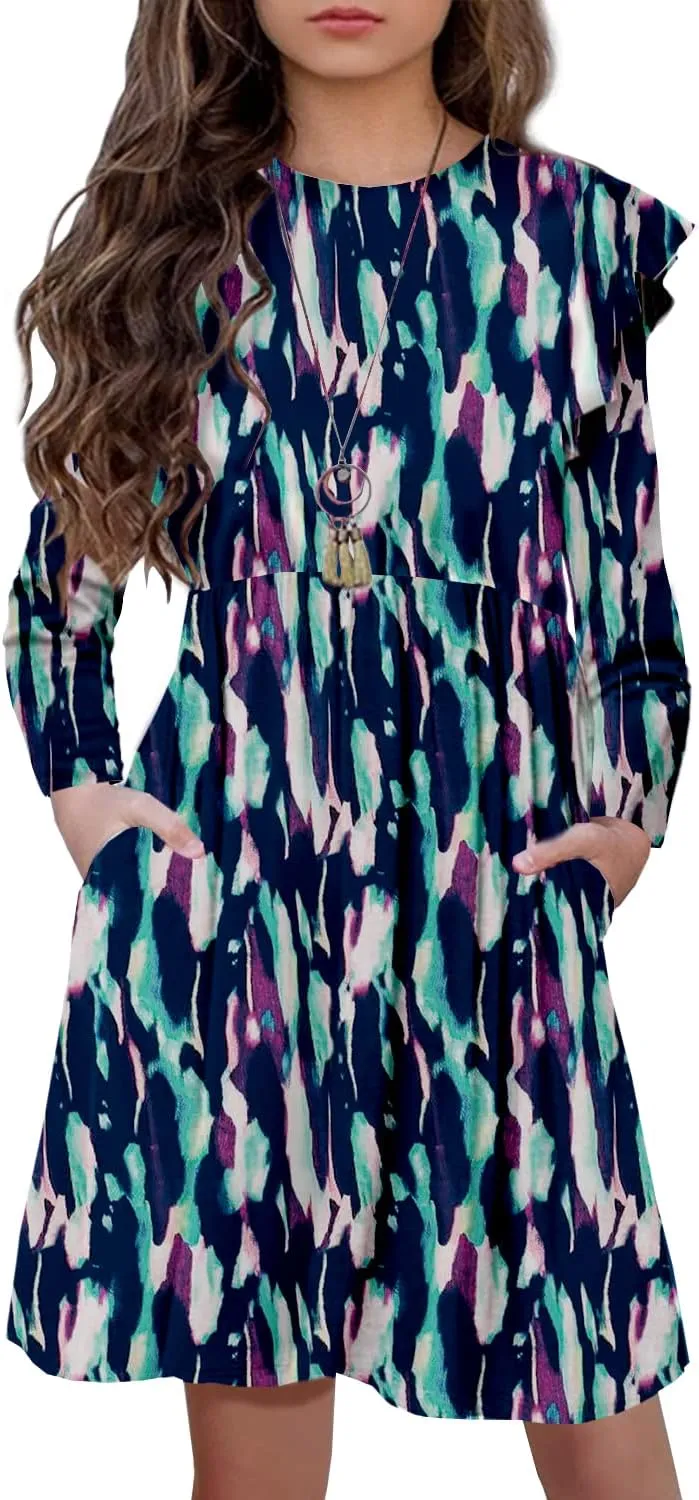 HOSIKA Girls Floral Dress Boho Ruffle Sleeve Pleated Casual Swing Dresses with Pockets for Kids 6-12 Years