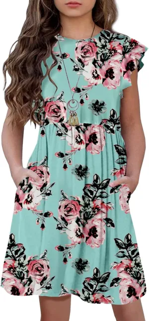 HOSIKA Girls Floral Dress Boho Ruffle Sleeve Pleated Casual Swing Dresses with Pockets for Kids 6-12 Years
