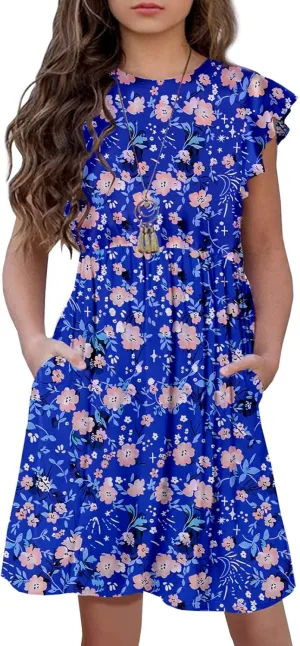 HOSIKA Girls Floral Dress Boho Ruffle Sleeve Pleated Casual Swing Dresses with Pockets for Kids 6-12 Years