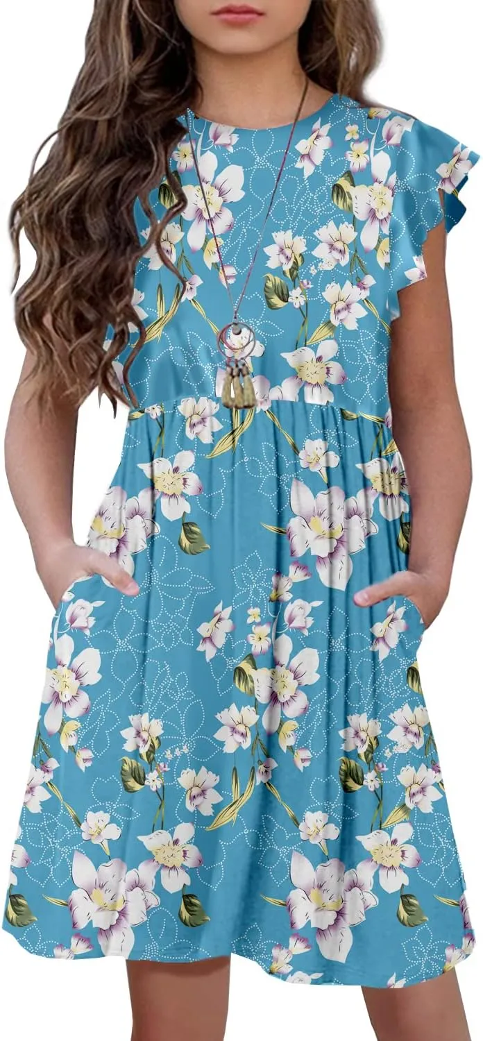 HOSIKA Girls Floral Dress Boho Ruffle Sleeve Pleated Casual Swing Dresses with Pockets for Kids 6-12 Years