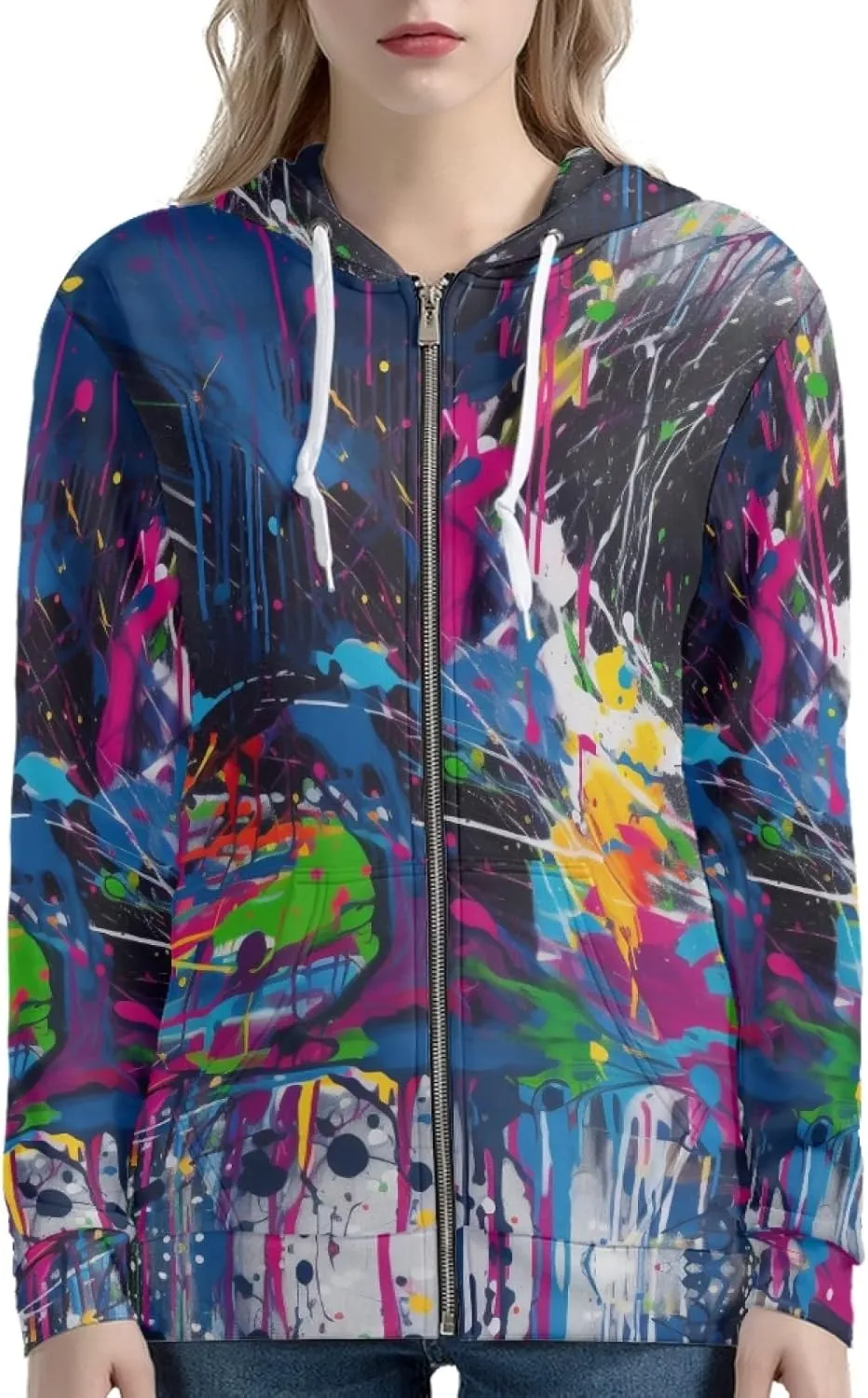Irisjudy Island Tribal Zipper Women Hoodies with Pocket, Leopard Print,Music Notes Plus Size Hooded Sweatshirt Sport Coat